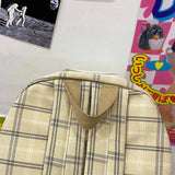 Plaid Cotton Linen Letters School Backpack