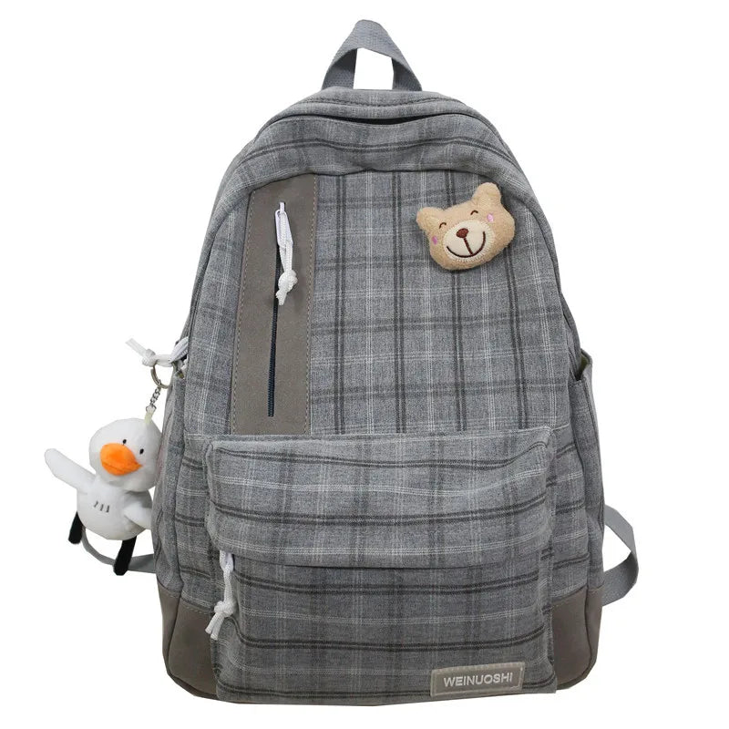 Plaid Cotton Linen Letters School Backpack