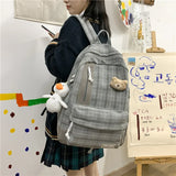 Plaid Cotton Linen Letters School Backpack