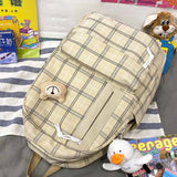 Plaid Cotton Linen Letters School Backpack