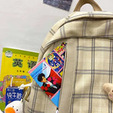Plaid Cotton Linen Letters School Backpack