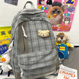 Plaid Cotton Linen Letters School Backpack