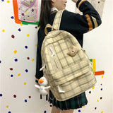 Plaid Cotton Linen Letters School Backpack