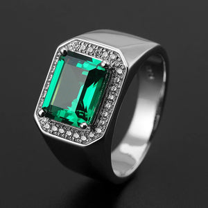 Men's Square Sapphire&Emerald Green Diamond Gemstone Ring