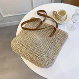 Square Straw Beach Bag Woven Shoulder Bag Raffia Shopper Travel Bag