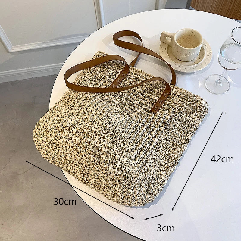 Square Straw Beach Bag Woven Shoulder Bag Raffia Shopper Travel Bag