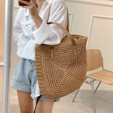 Square Straw Beach Bag Woven Shoulder Bag Raffia Shopper Travel Bag