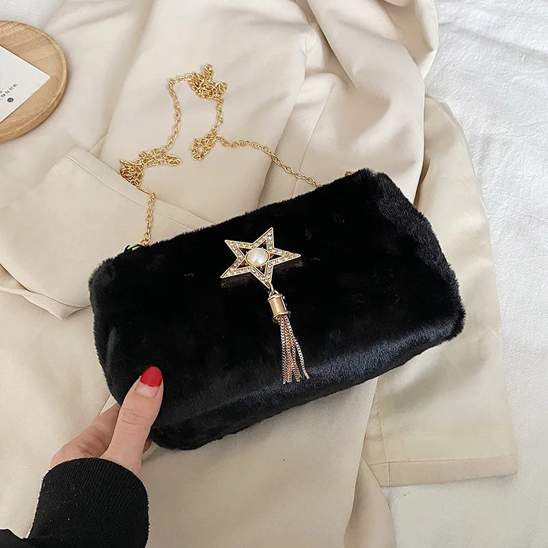 Fluffy Star Pendant Shoulder Bag Warm Crossbody Lady Handbag