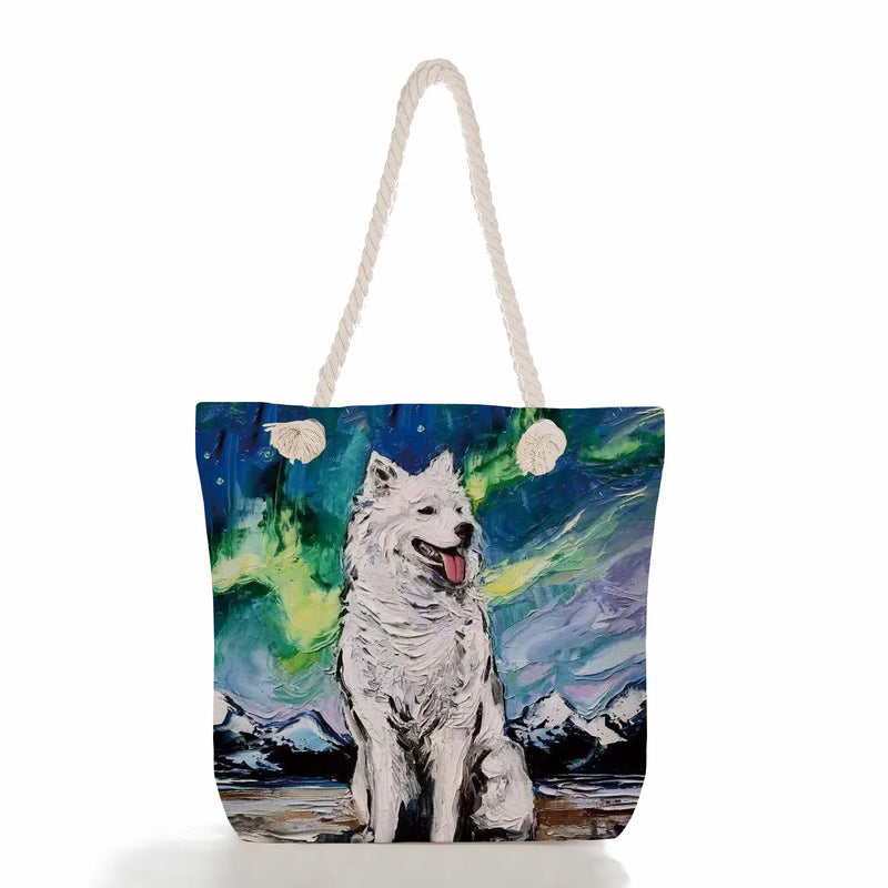 Starry Sky Oil Painting Dog Handbag Bright Colors Linen Tote Bag