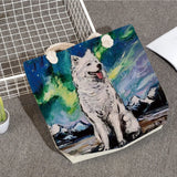 Starry Sky Oil Painting Dog Handbag Bright Colors Linen Tote Bag
