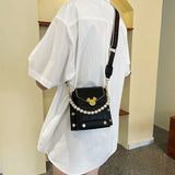 Stone Pattern Leather Crossbody Bags For Women Beading Chain Shoulder Bag