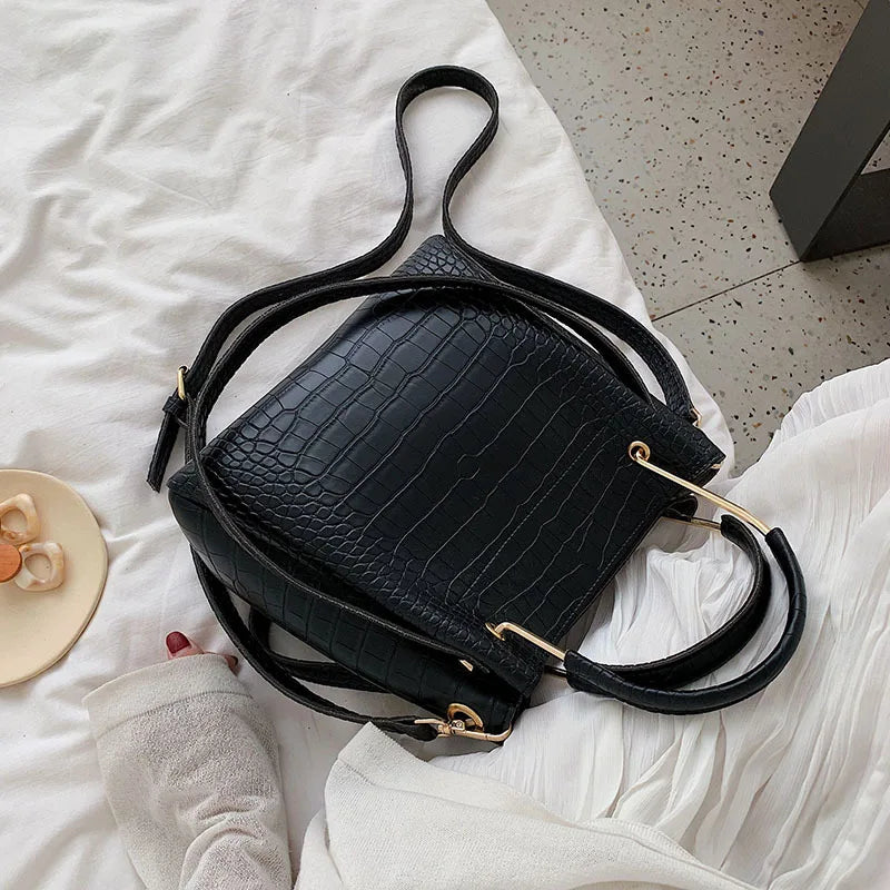 Stone Pattern PU Leather Bucket Bags Women Small Shoulder Messenger Bag