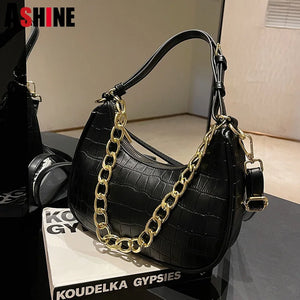 Crocodile Women Shoulder Armpit Purses Fall Winter Underarm Handbags