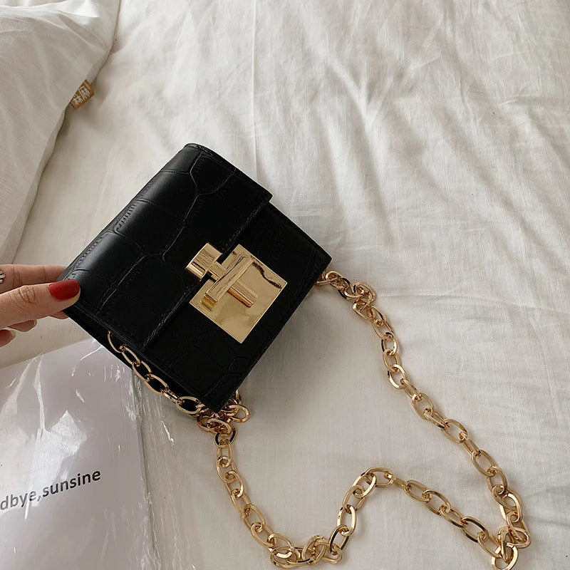 Stone Pattern Mini Crossbody Bag Lock Chain Shoulder Messenger Bag