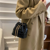 Stone-patterned Lacquer Bucket Bag Drawstring One-shoulder Women's Bag