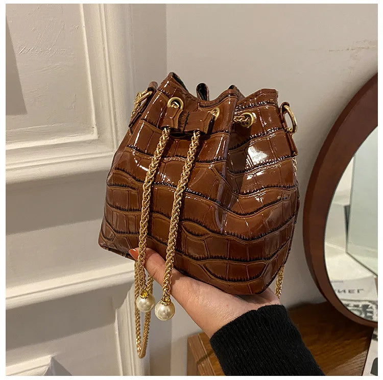 Stone-patterned Lacquer Bucket Bag Drawstring One-shoulder Women's Bag