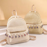 Tassel Weaved Straw Backpack for Women Girls Travel Beach Bags