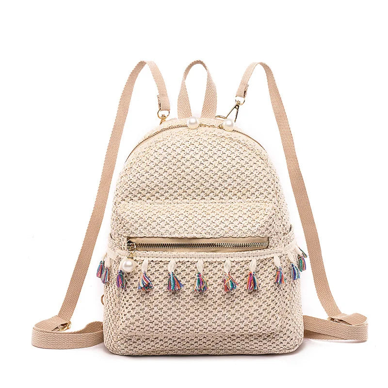 Tassel Weaved Straw Backpack for Women Girls Travel Beach Bags