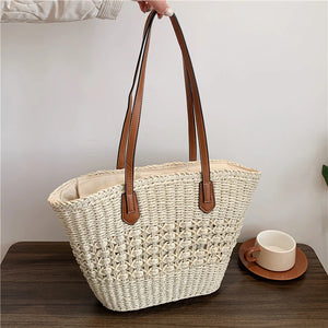 Straw Bag Women Hand-Woven Handbag Summer Boho Beach Shoulder Bag