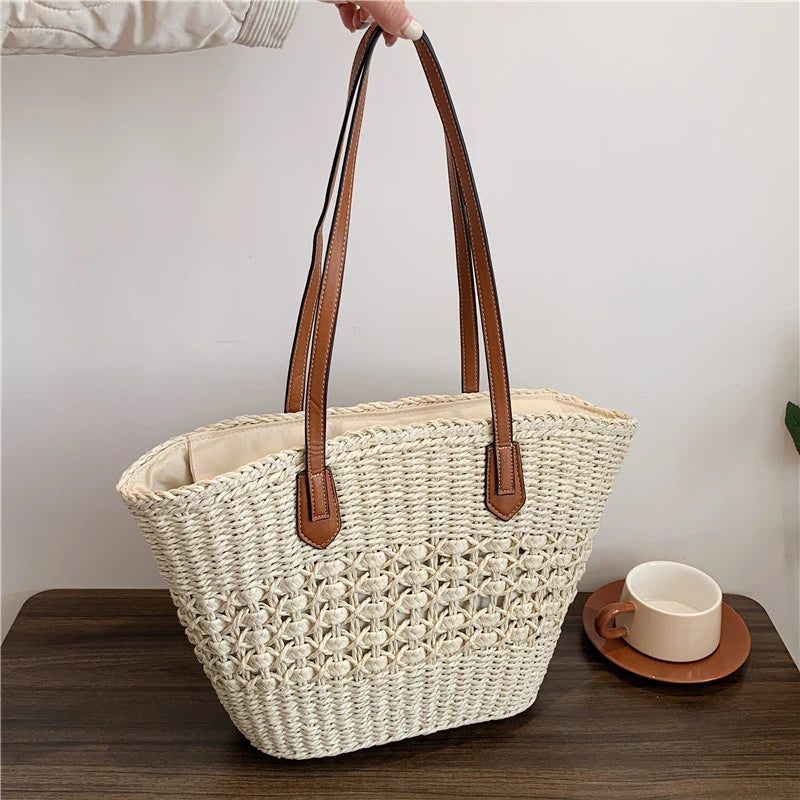 Straw Bag Women Hand-Woven Handbag Summer Boho Beach Shoulder Bag