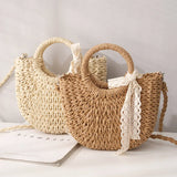 Straw Bag Women Hand-Woven Handbag Moon Shape Rattan Bag Big Capacity