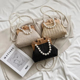 Hand-Woven Straw Bag Women Summer Wooden Rattan Shoulder Bag