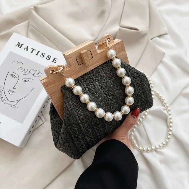 Hand-Woven Straw Bag Women Summer Wooden Rattan Shoulder Bag