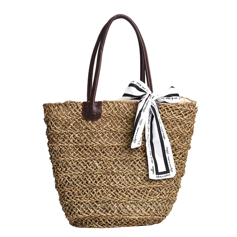 Straw Bag Women Handbag Moon Shape Lace Bow Rattan Beach Shoulder Crossbody Bag