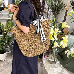 Straw Bag Women Handbag Moon Shape Lace Bow Rattan Beach Shoulder Crossbody Bag