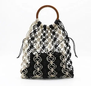 Straw Bag WovenFashion Beach Bag Handmade Cotton Woven Wood Handle