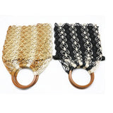 Straw Bag WovenFashion Beach Bag Handmade Cotton Woven Wood Handle