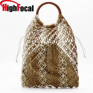 Straw Bag WovenFashion Beach Bag Handmade Cotton Woven Wood Handle