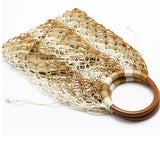 Straw Bag WovenFashion Beach Bag Handmade Cotton Woven Wood Handle