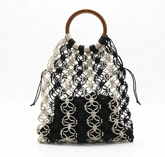 Straw Bag WovenFashion Beach Bag Handmade Cotton Woven Wood Handle