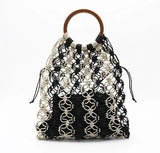 Straw Bag WovenFashion Beach Bag Handmade Cotton Woven Wood Handle