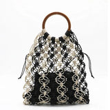 Straw Bag WovenFashion Beach Bag Handmade Cotton Woven Wood Handle