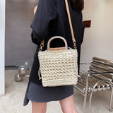 Straw Weave Tote Bag Wooden Handle Beach Shoulder Crossbody Bag