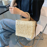 Straw Tote Bag Summer Women Handbag Purse Drawstring Closure