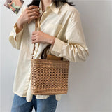 Straw Tote Bag Summer Women Handbag Purse Drawstring Closure