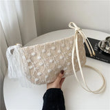 Woven Beach Cross Body Shoulder Bag with Floral Embroidery Tote