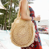 Vintage Straw Beach Bag Woven Shoulder Bag Large Circular Flower Hollow Out