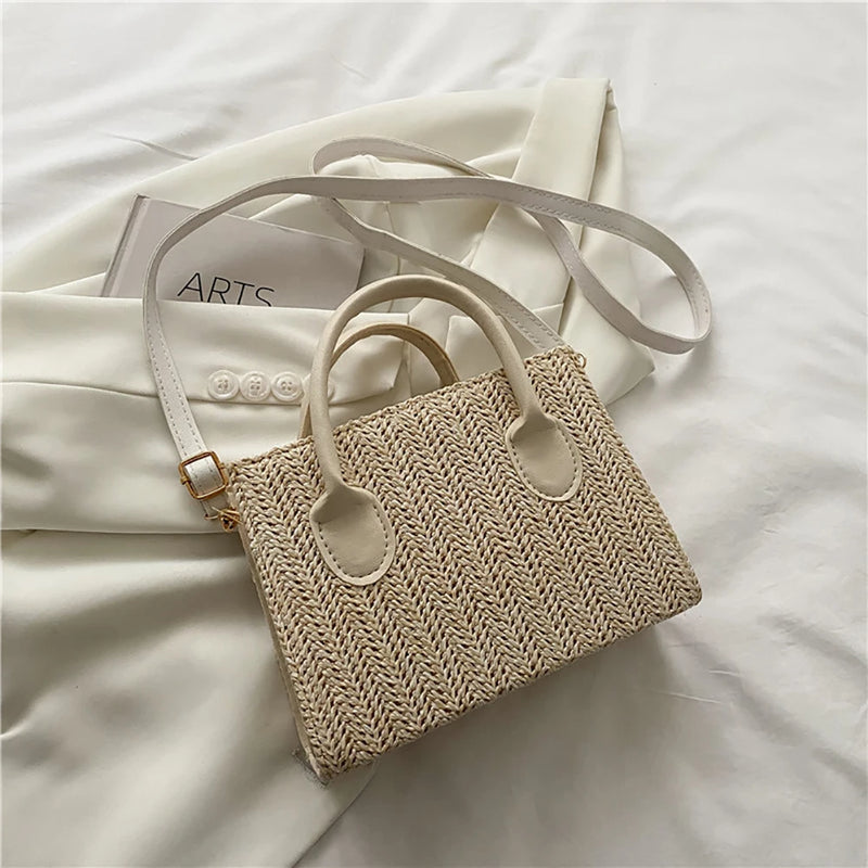 Woven Leather Straw Beach Tote for Women
