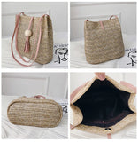Straw Bucket Bag Wood Bead Tassel Beige