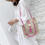 Straw Bucket Bag Wood Bead Tassel Beige