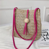 Straw Bucket Bag Wood Bead Tassel Beige