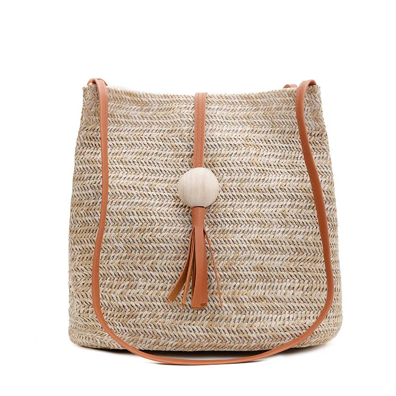 Straw Bucket Bag Wood Bead Tassel Beige