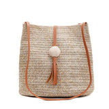 Straw Bucket Bag Wood Bead Tassel Beige