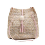 Straw Bucket Bag Wood Bead Tassel Beige
