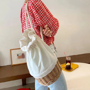 Straw Canvas Shoulder Bag Drawstring Rattan Handbag