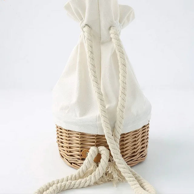 Straw Canvas Shoulder Bag Drawstring Rattan Handbag
